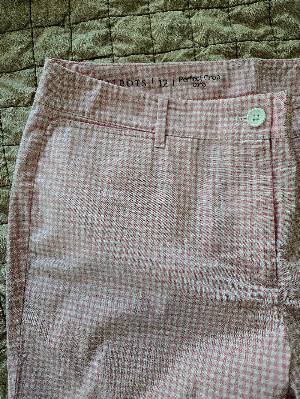 Gingham Pink Pants Cotton Crop Button Detail Size 12